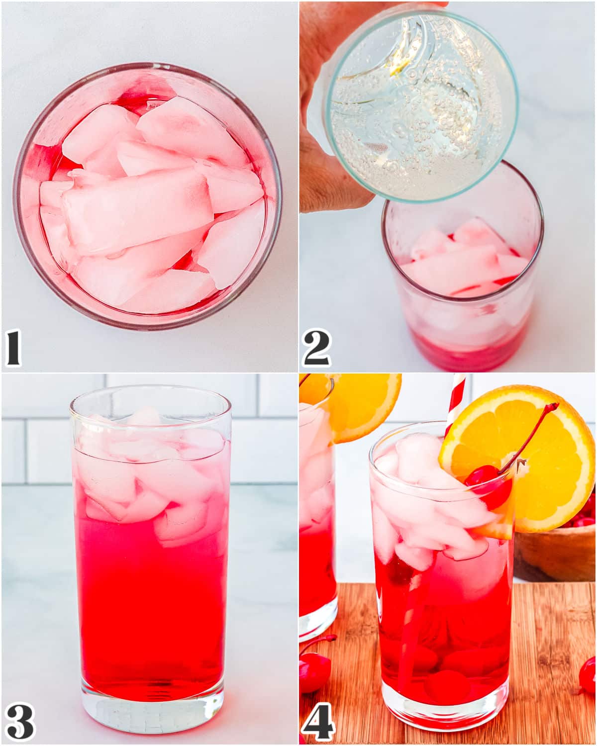 Ice was placed in a glass with grenadine and soda poured over it.