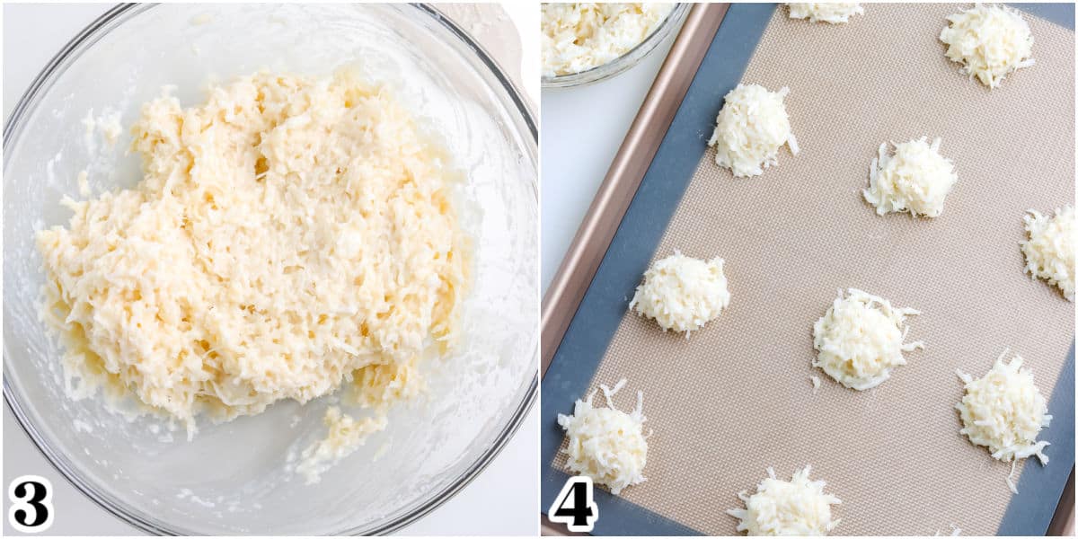 The macaroon batter in a bowl and scooped on a baking sheet.