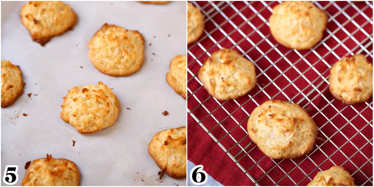 The baked macaroons on the baking sheet and on a wire cooling rack.
