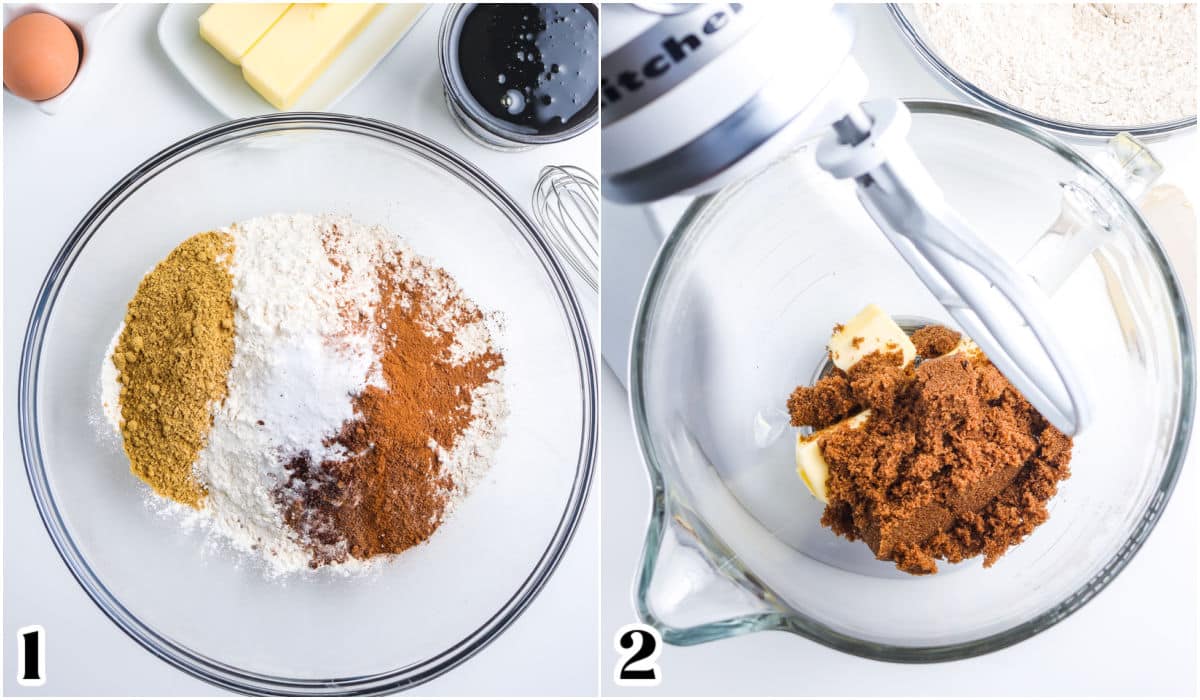 The dry ingredients in abowl and the butter and sugar in a stand mixer bowl.