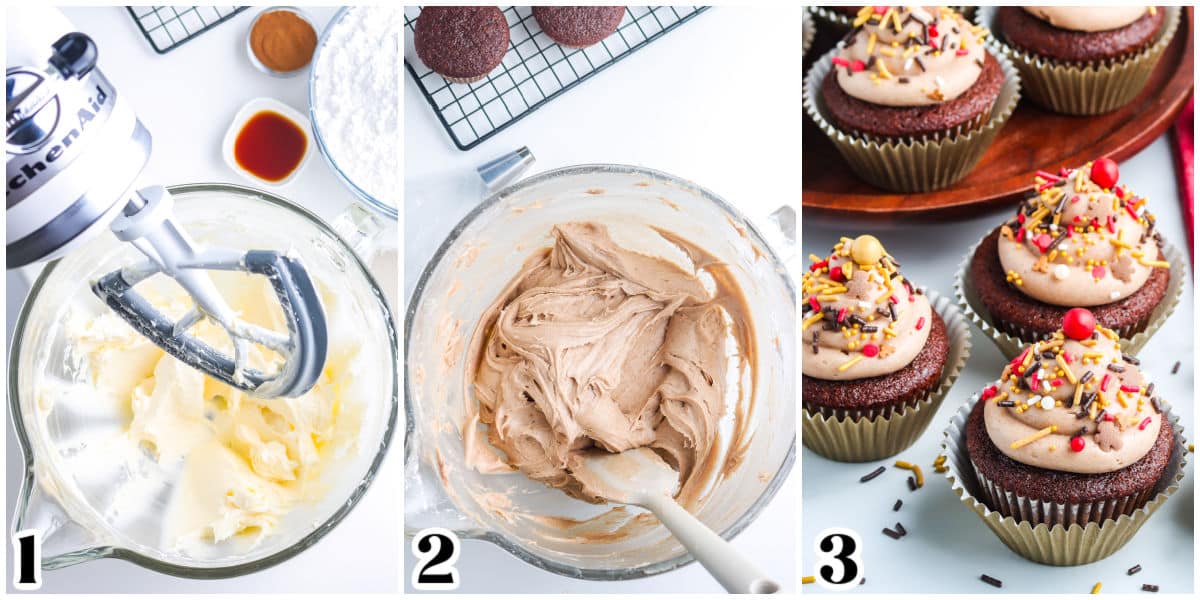 The cinnamon cream cheese frosting mixed together and then pipped onto cupcakes.
