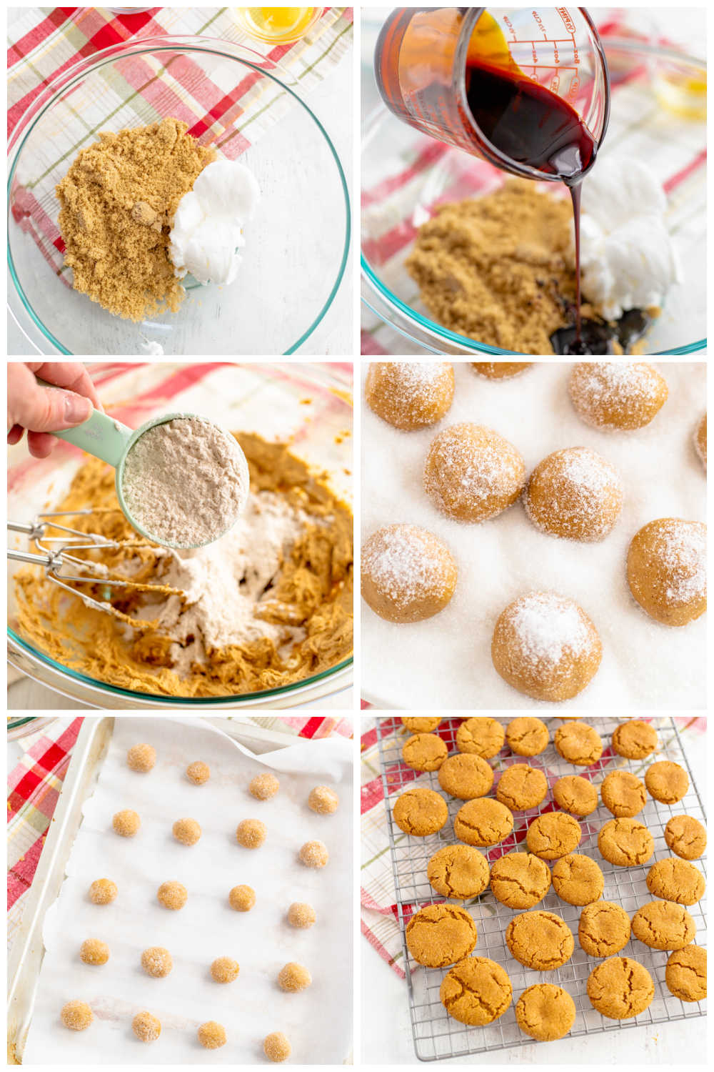 A picture collage of the differnt steps to make this gingersnap cookie recipe