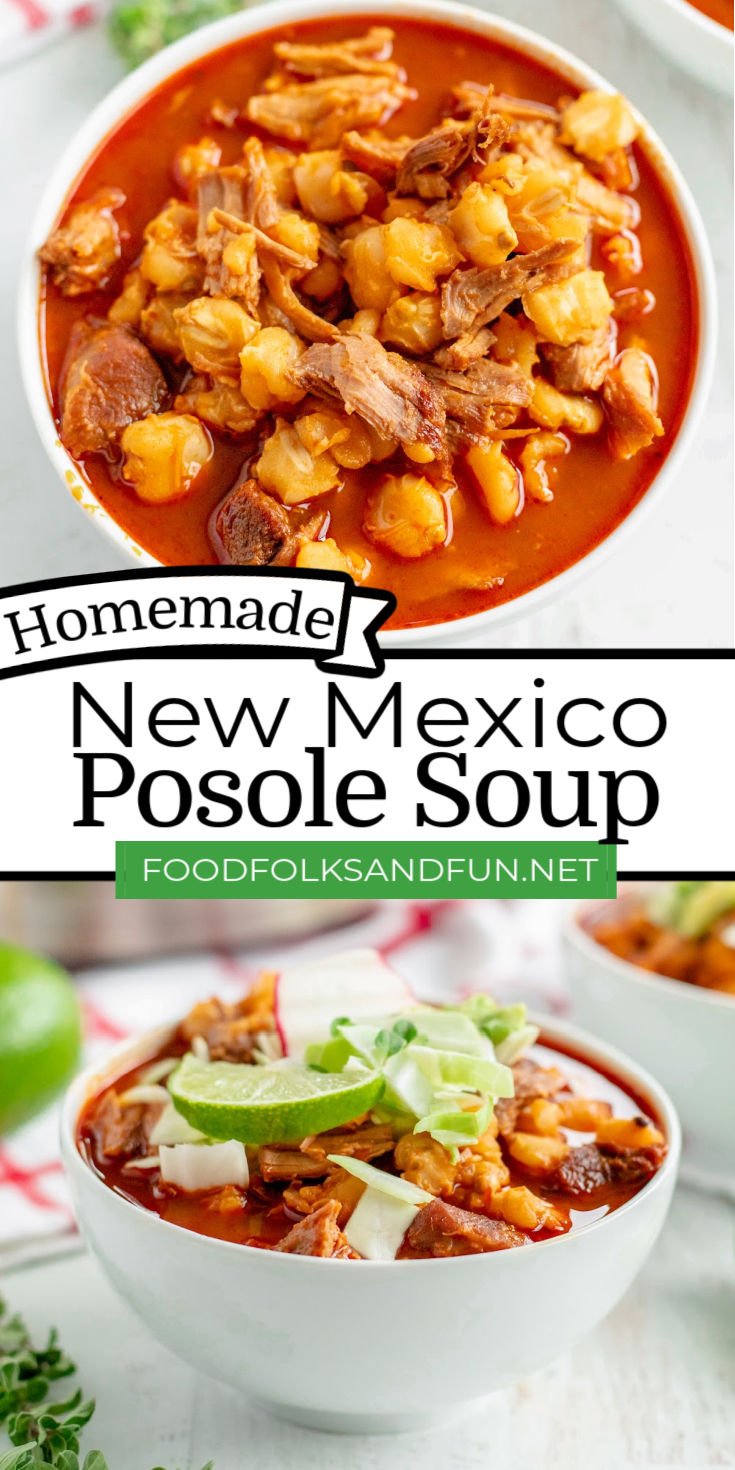 This New Mexico Posole Recipe is a hearty, flavorful pork soup or stew made with New Mexico red chiles, garlic, pork, and hominy. This soup is full of rich and spicy flavor that is perfect on those cold nights when you need a warm, comforting meal. via @foodfolksandfun