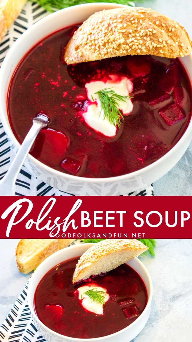 Polish Beet Soup, Barszcz or Borscht, is an easy and delicious vegetable-packed soup that is bright in color and flavor! Your family will love this sweet and sour soup.  via @foodfolksandfun
