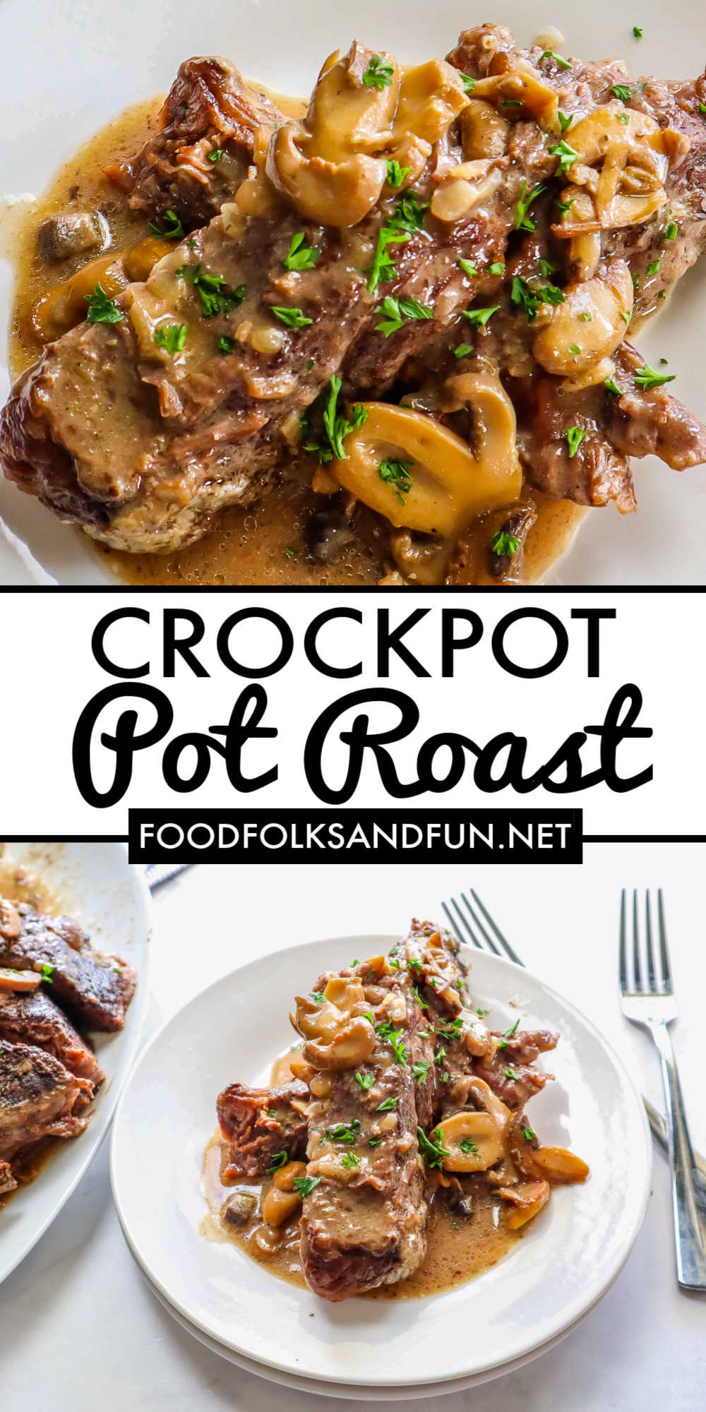 This Crockpot Pot Roast with Mushrooms recipe is super moist and tender. It’s served with a delicious brown gravy made mushrooms, cream of mushroom soup, and onion soup mix. via @foodfolksandfun
