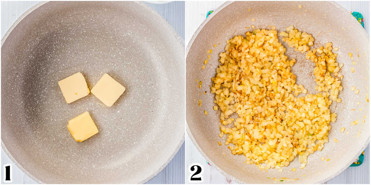 Butter melted in a pot and sauted with onion and garlic.