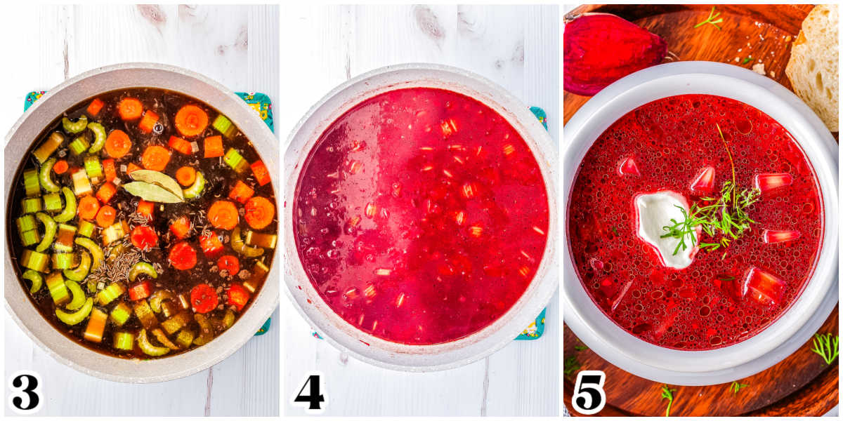 The ingredients added to a pot and simmered, then ladeled into a bowl and garnished.
