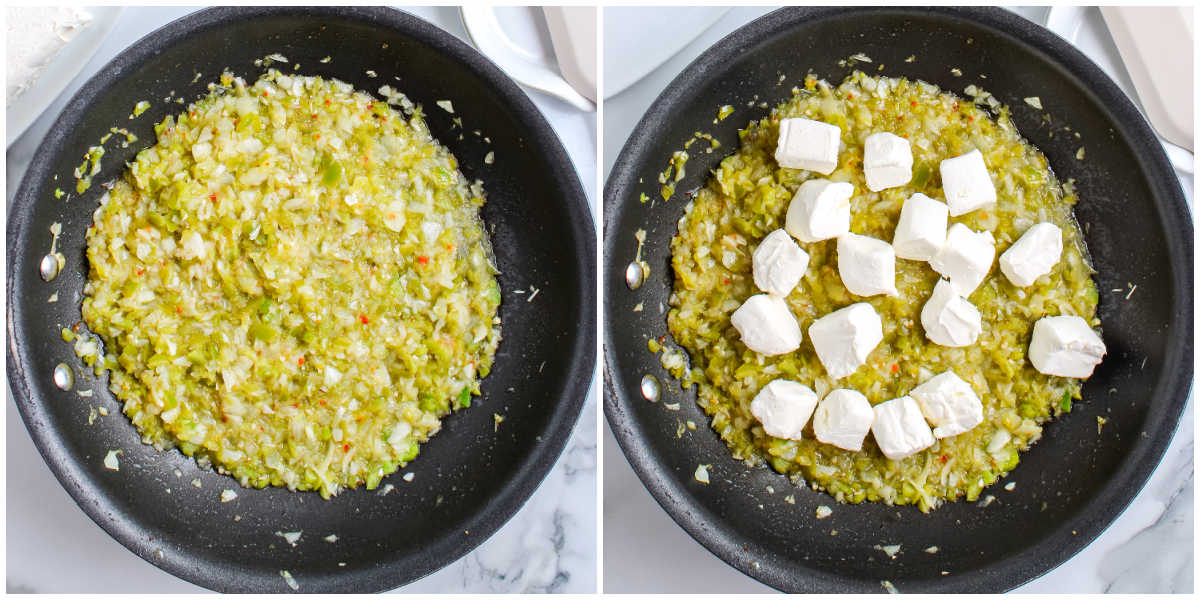 A split image showing the cooking process: diced onions and peppers sautéing in a skillet on the left, and chunks of cream cheese being added to the cooked vegetables on the right.