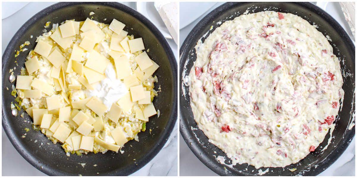 Two process shots showing the cheese melting stage: American cheese slices and Greek yogurt added to the pan, next to the fully mixed creamy dip with chopped roast beef folded in.