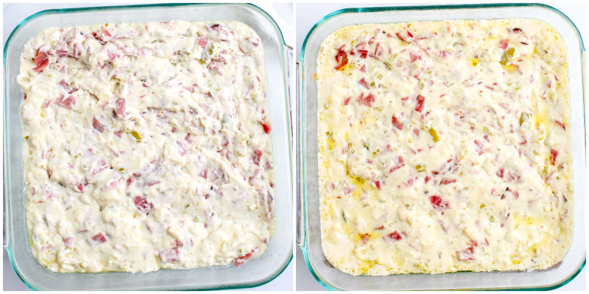 A collage showing the baking steps: the raw creamy beef mixture spread into a square glass baking dish, followed by the dip after baking until bubbly and golden.