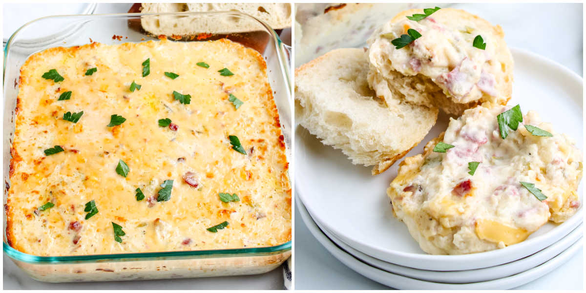 The finished appetizer shown two ways: the full baking dish hot from the oven garnished with parsley, and a plated serving of the cheesy dip scooped onto slices of French bread.