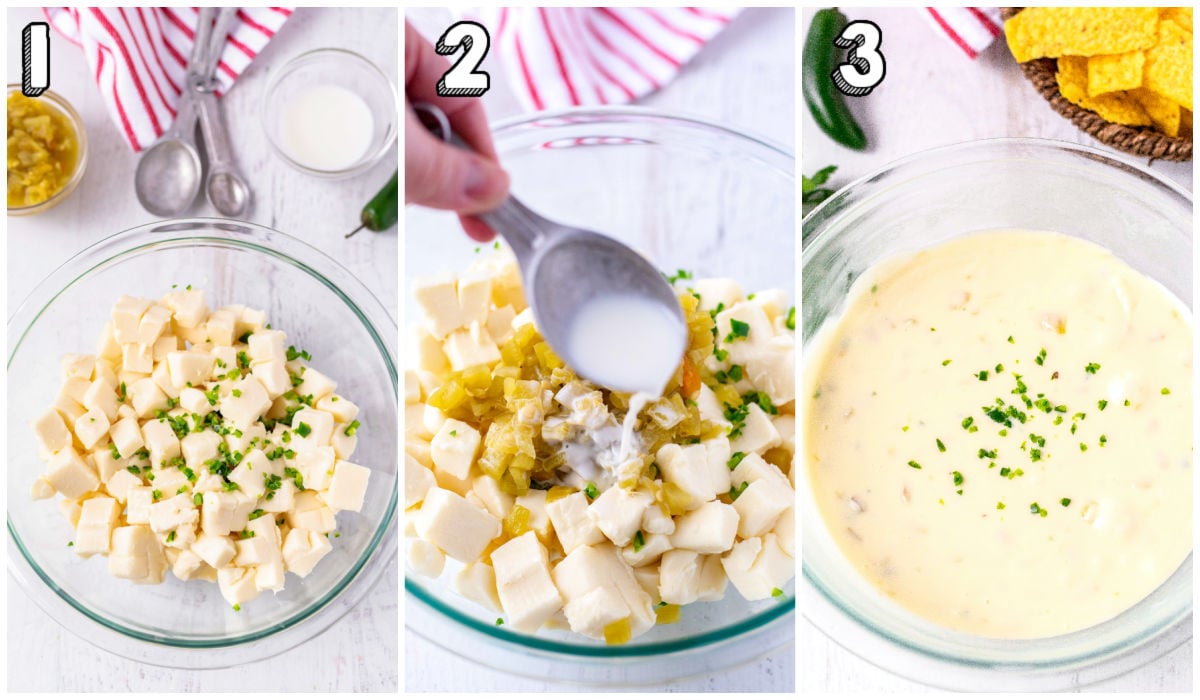 A picture collage of how to make Queso Blanco Dip.