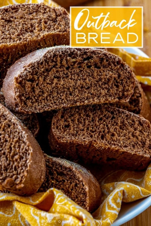 Close up picture of Outback bread with text overlay for Pinterest.