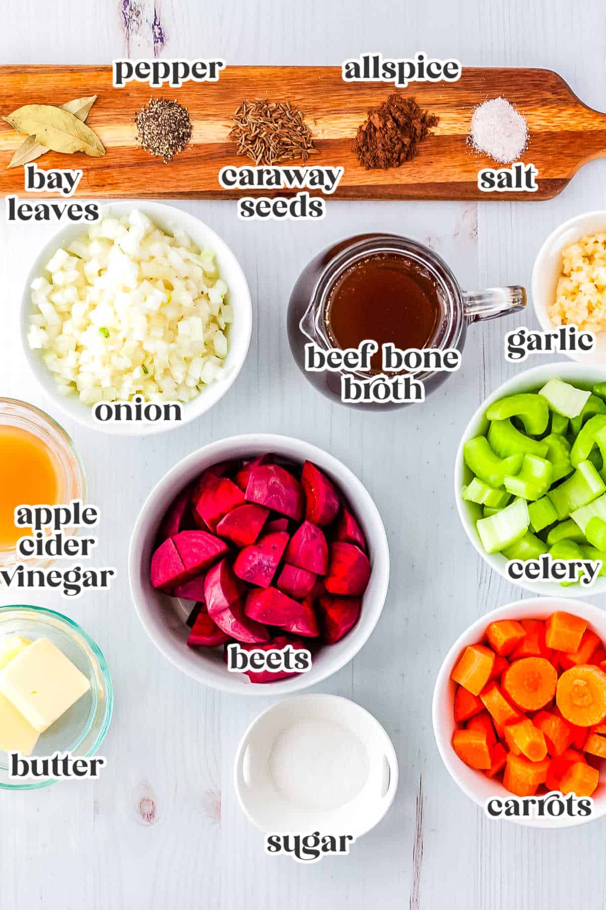 The ingredients for this recipe with text overlay labeling each one.