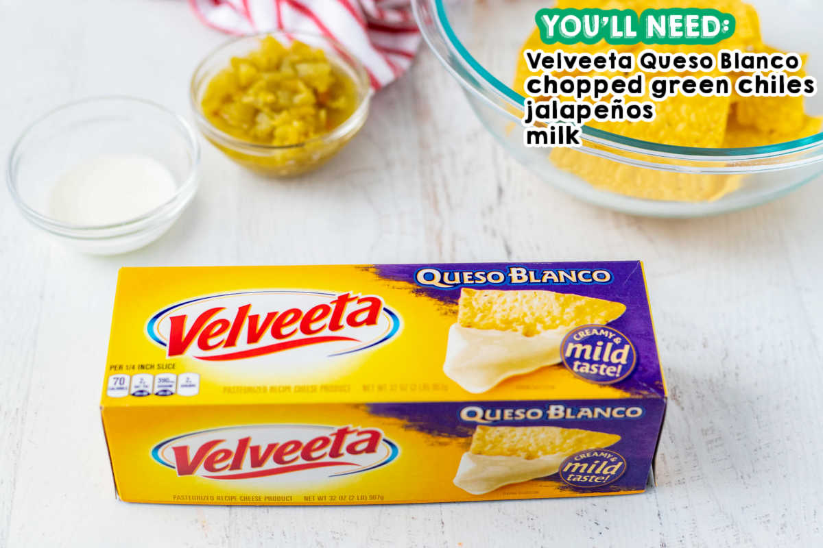 An overhead picture of all of the ingredients needed to make this Queso Blanco Dip recipe.