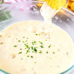 A close up picture of the finished Queso Blanco Dip with a chip dipping into it.
