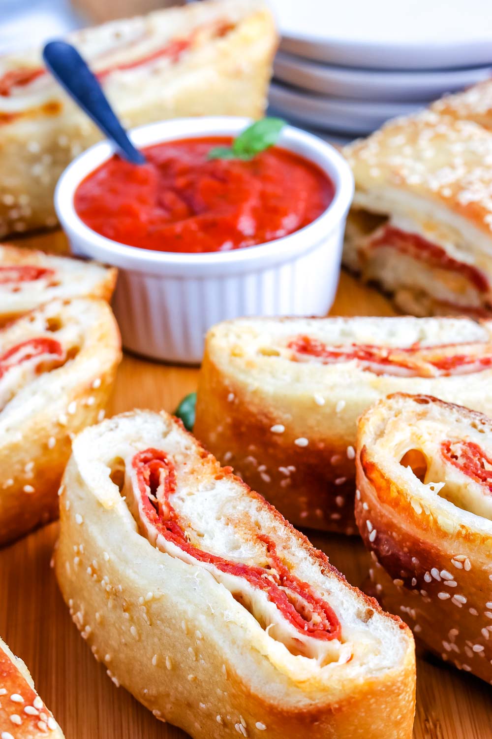 A close up picture of sliced stromboli.