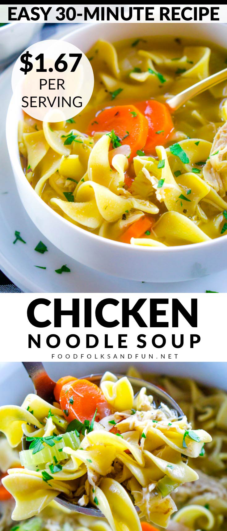 Picture collage of rotisserie chicken noodle soup with text overlay for Pinterest.