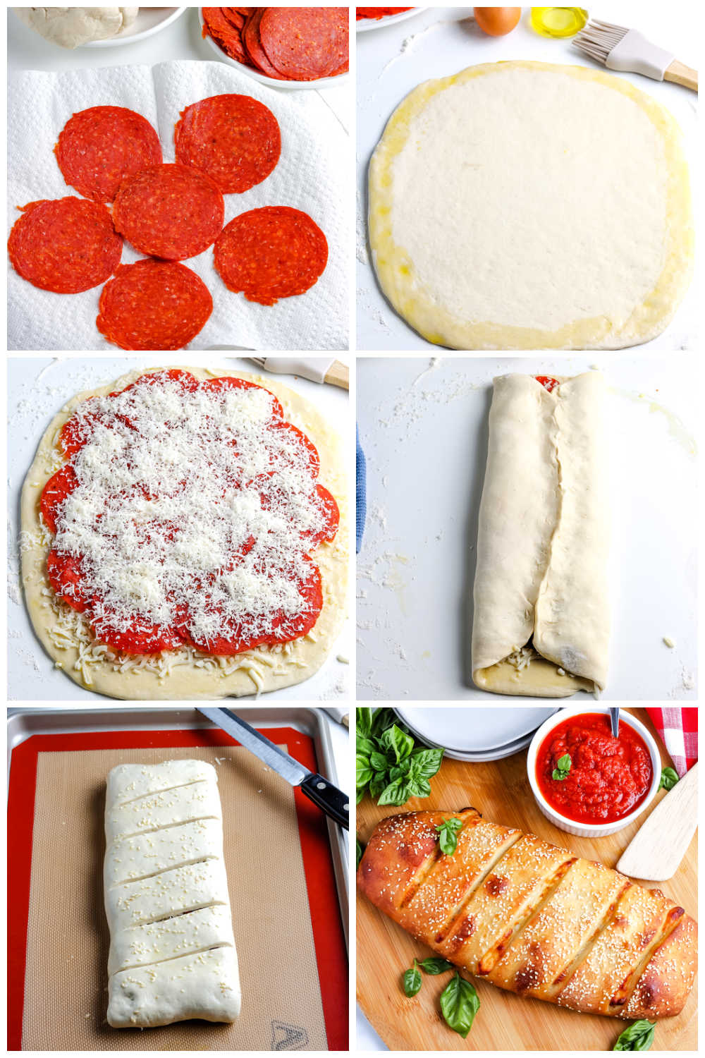 A picture collage showing How to Make Stromboli.