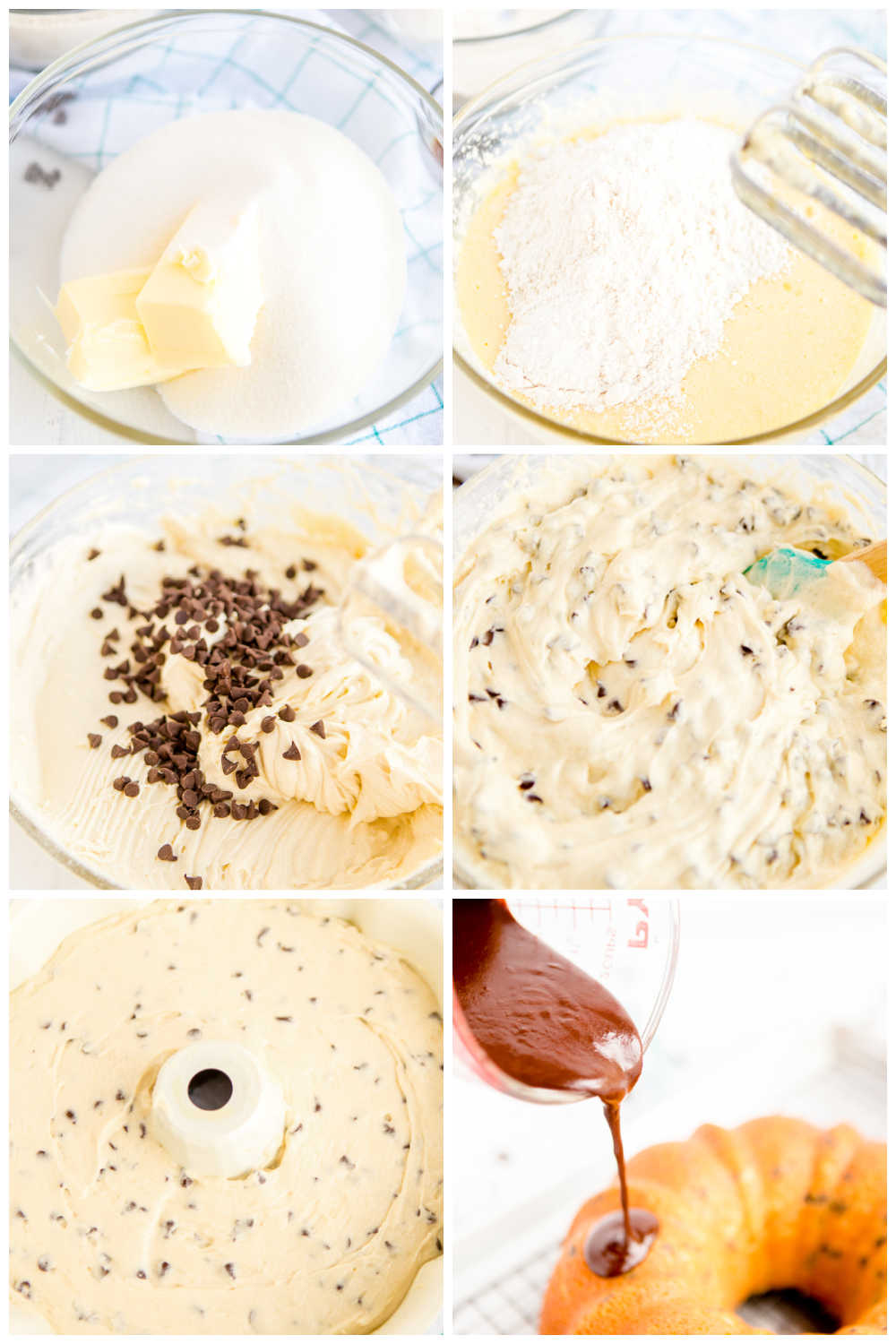 A picture collage of how to make Chocolate Chip Bundt Cake. 