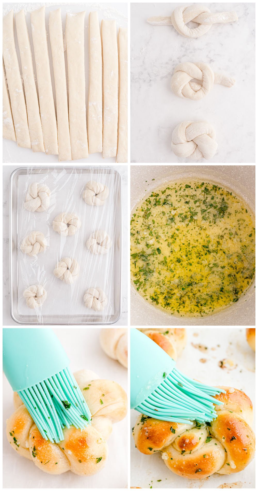 A picture collage of how to make garlic knots with pizza dough.