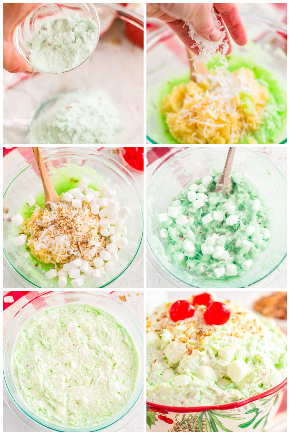 A picture collage of how to make pistachio salad.