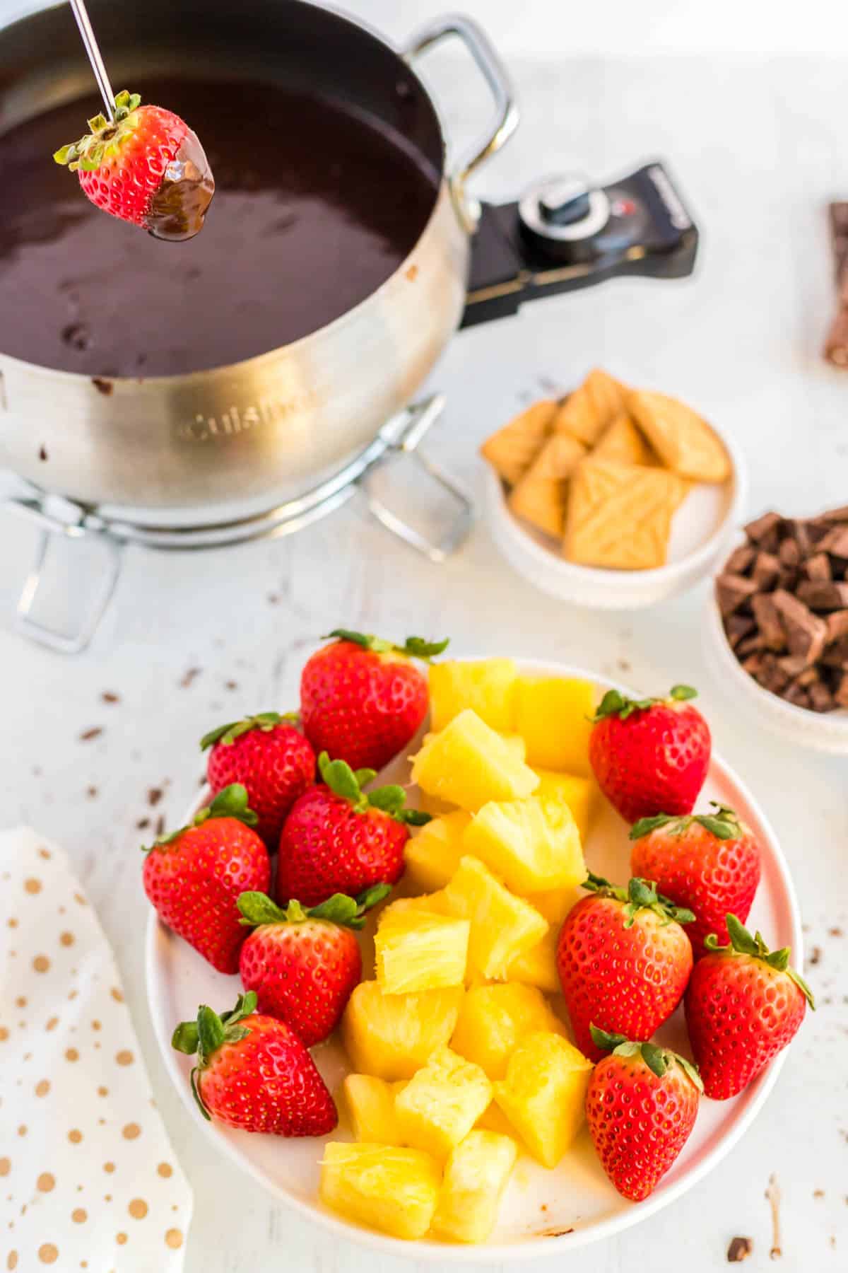 The finished Chocolate Fondue with dippers all around it.