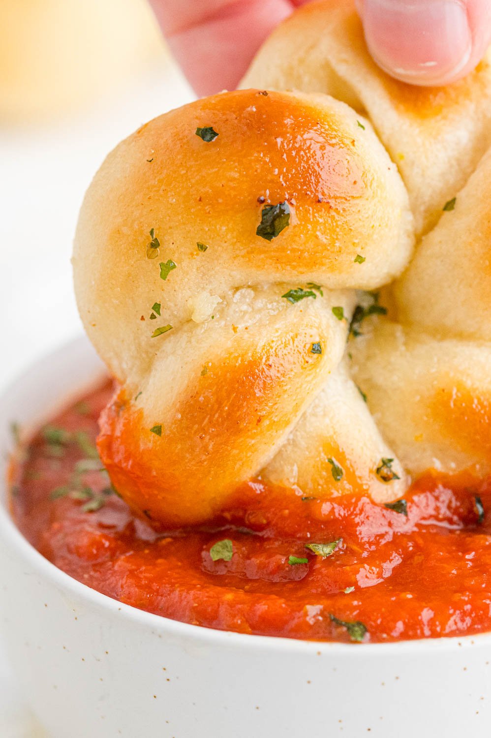 A close up picture of a pizza dough garlic knot being dipped into pizza sauce.