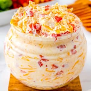 The finished Pimento Cheese in a storage jar.