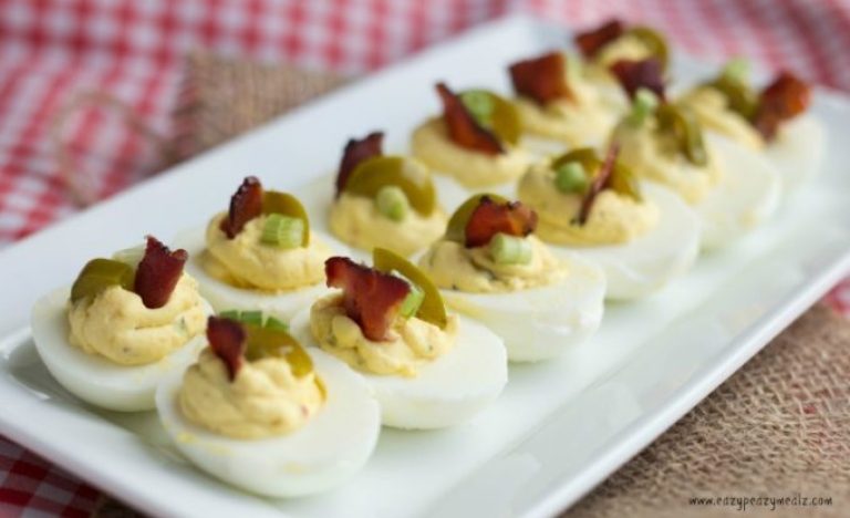 Mustard Deviled Eggs with Bacon and Jalapeño