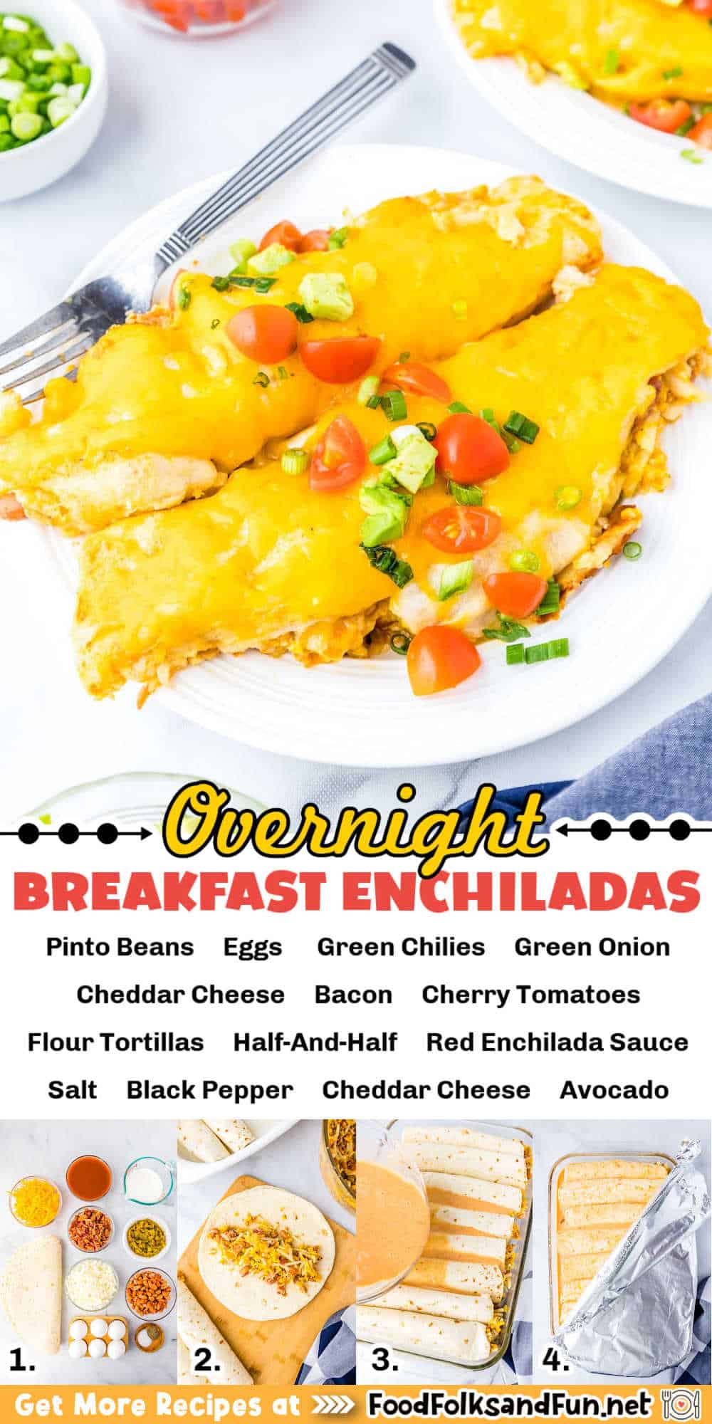 These Overnight Breakfast Enchiladas are packed with scrambled eggs, savory bacon, hashbrowns, pinto beans, and gooey cheese, all rolled up in soft tortillas and baked to perfection. via @foodfolksandfun
