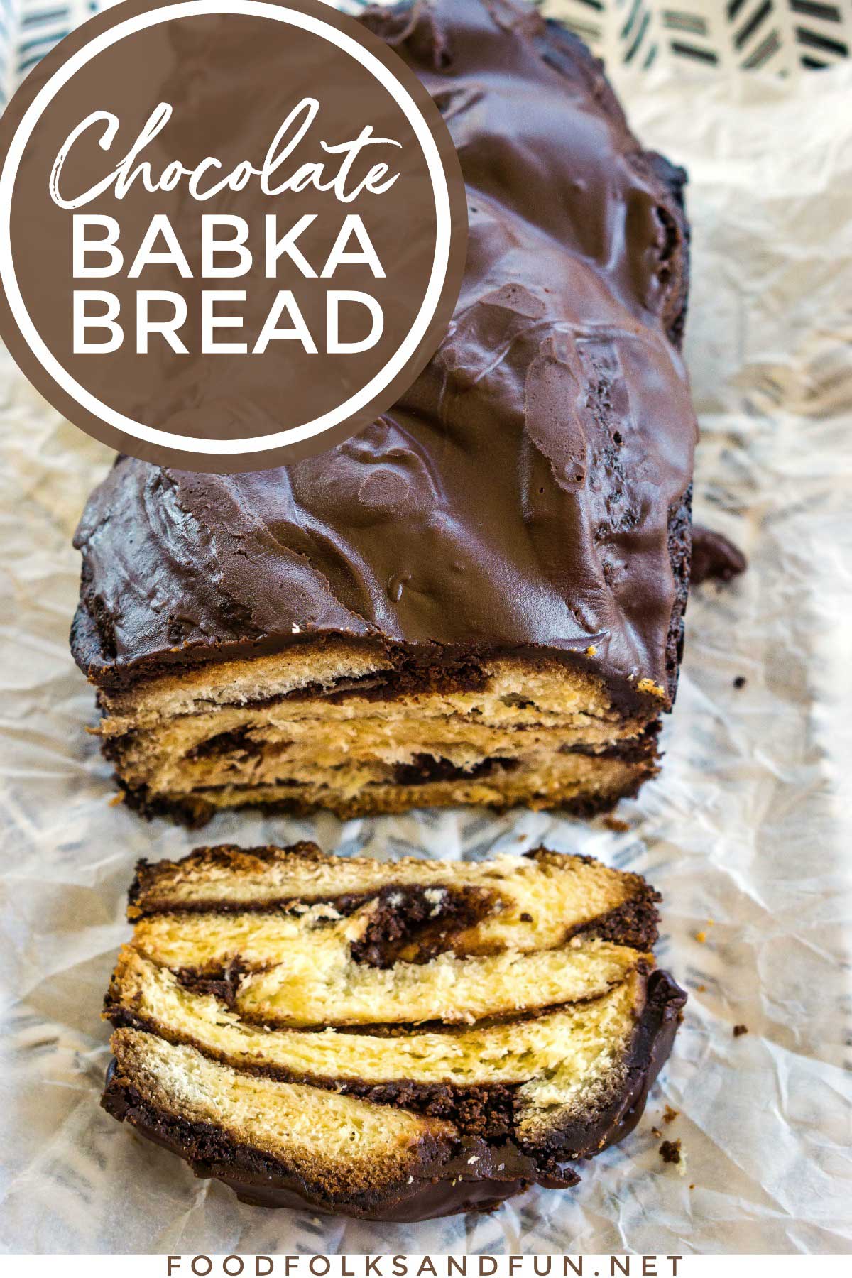 Chocolate Babka Bread with text overlay for social media