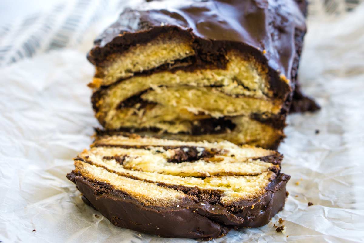 Chocolate Babka Bread with a slice cut from the bread