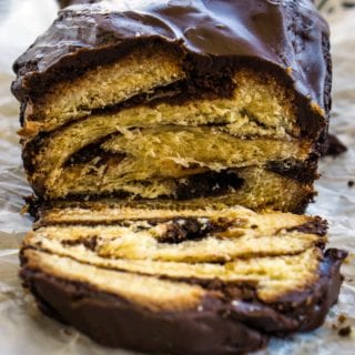 A slice of bread cut from the Chocolate Babka Bread