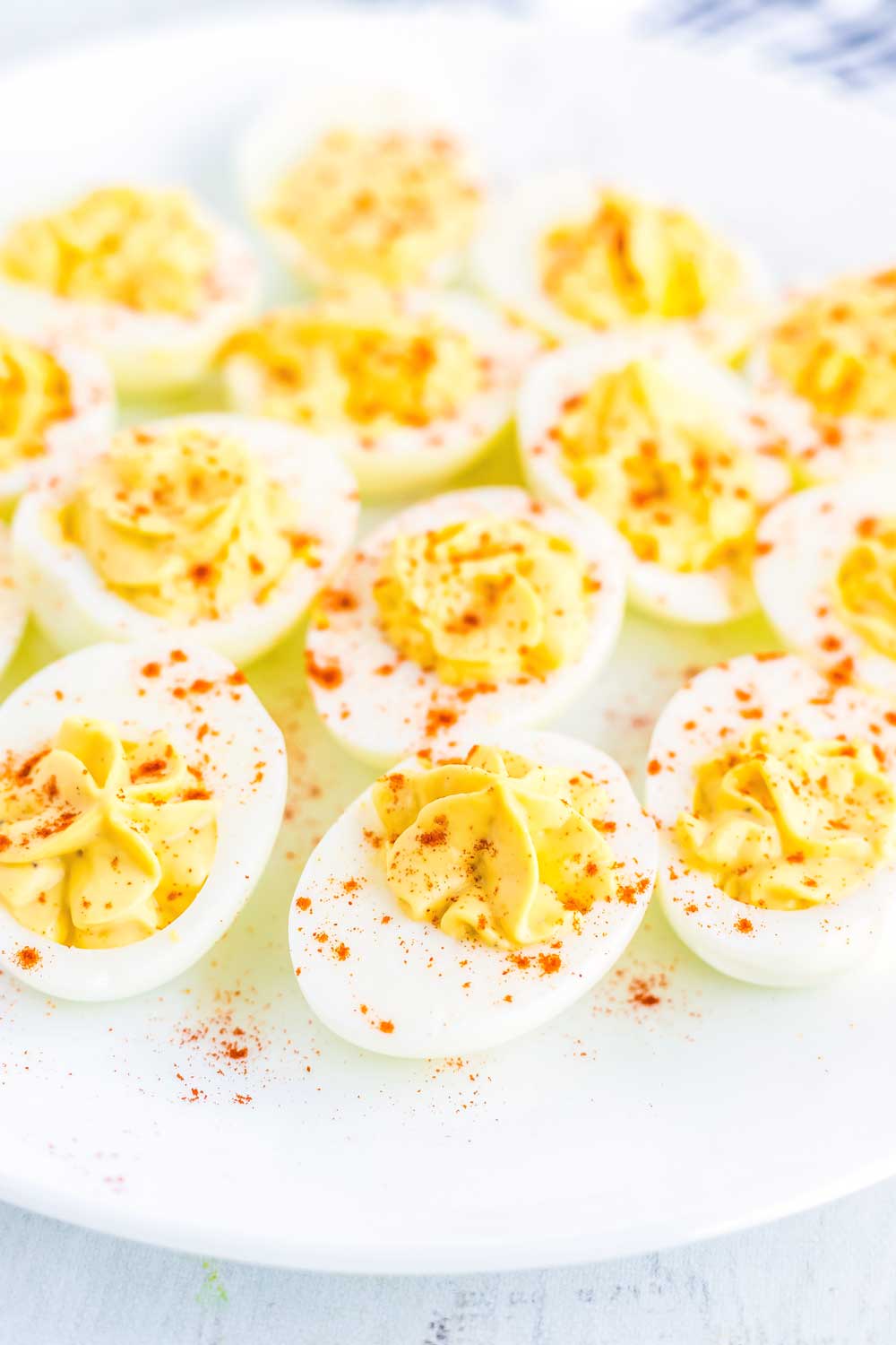 A close-up of rows of Deviled Eggs