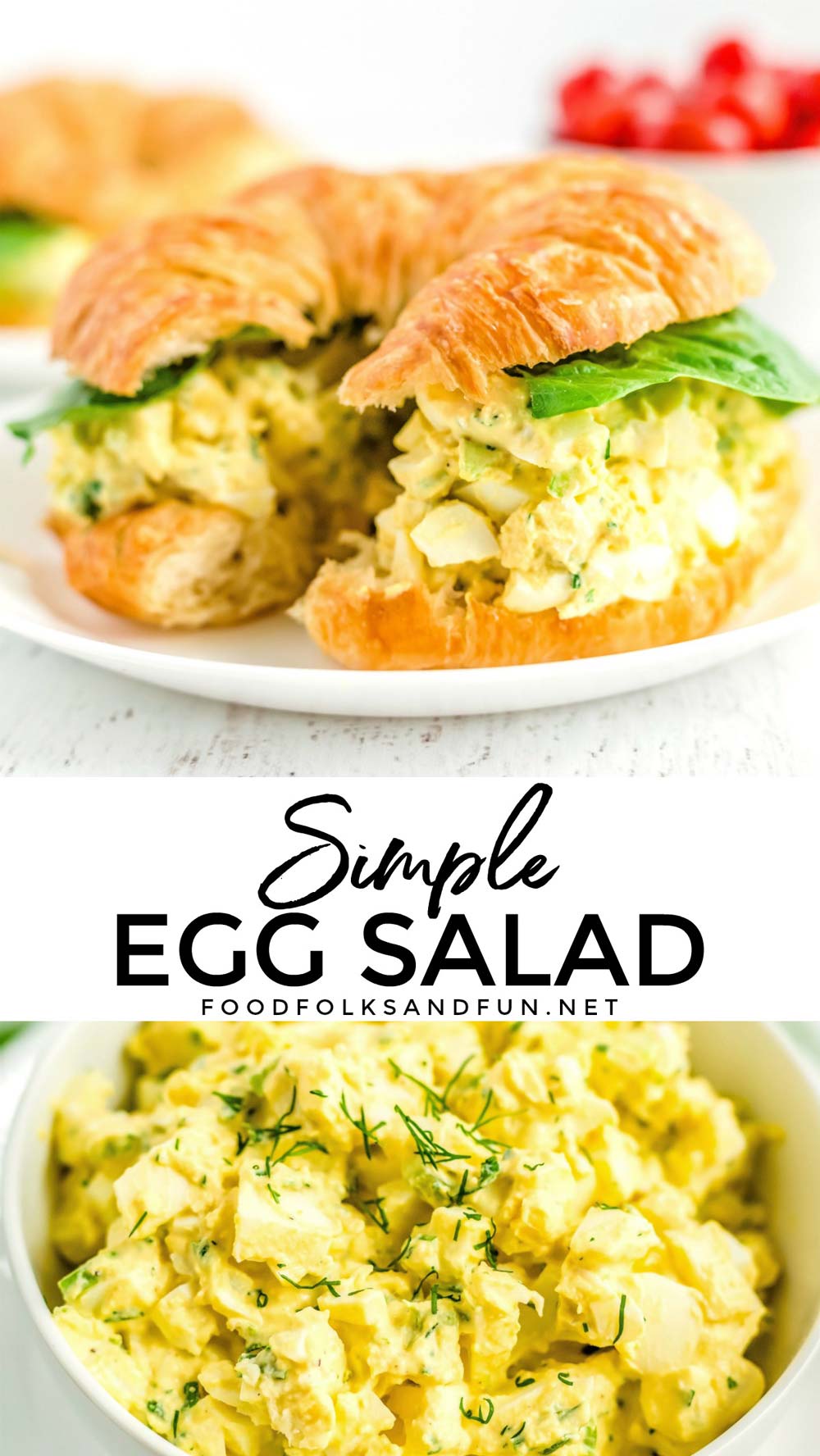 This Egg Salad Recipe With Dill is creamy and has just the right balance of crunchy celery and bright herbs. It's perfect served on croissants for sandwiches. via @foodfolksandfun