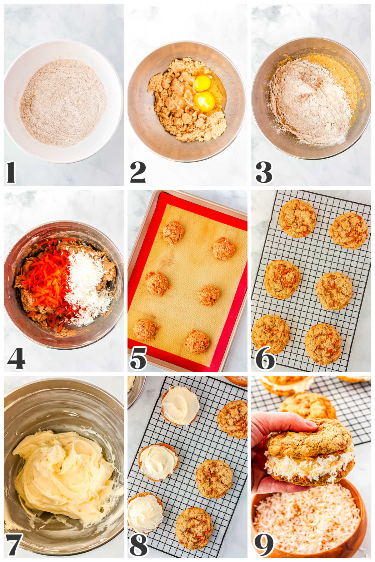 A picture collage showing how to make this recipe, from the carrot cake soft cookies to the coconut cream cheese frosting.
