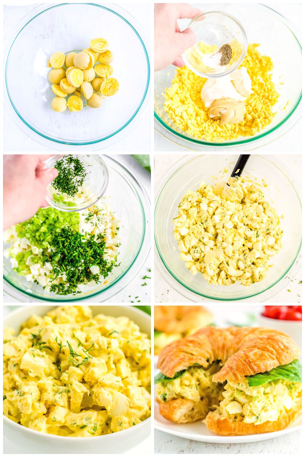 A picture collage showing how to make egg salad. 