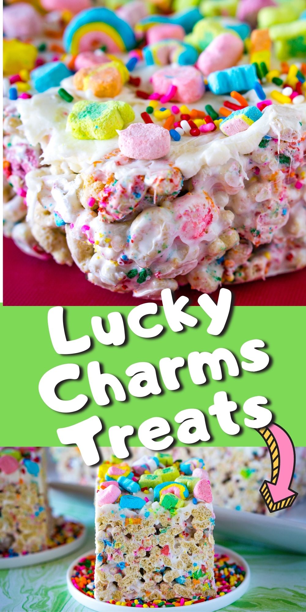 These Lucky Charms Treats are gooey and loaded with marshmallows. They're topped with a thin layer of buttercream and even more marshmallows! via @foodfolksandfun