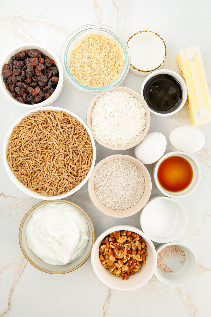 An overhead picture of all of the ingredients needed to make this Bran Muffins recipe.