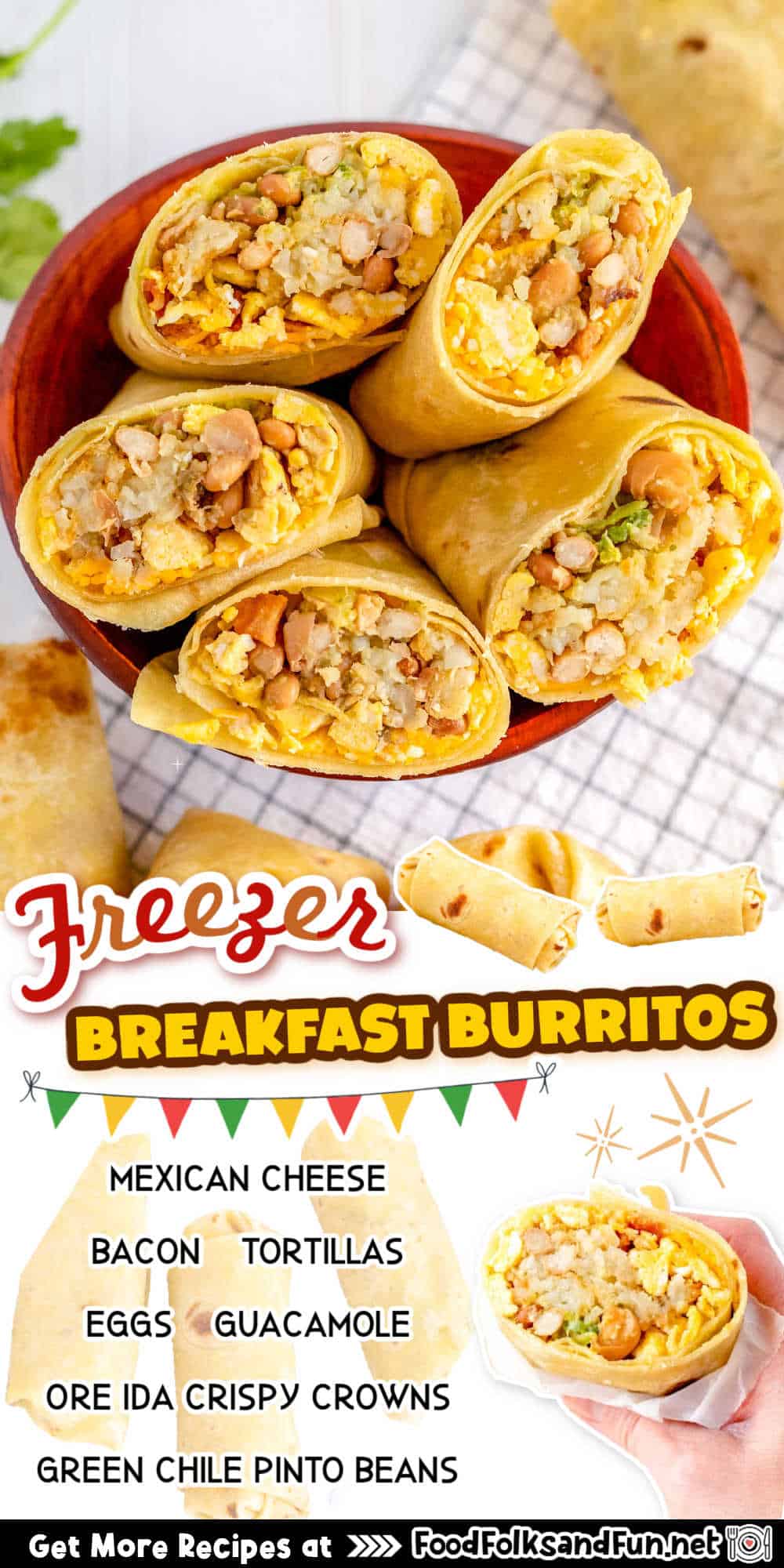 This freezer Breakfast Burrito recipe makes burritos that are stuffed with eggs, cheese, bacon, crispy potatoes, guacamole, and pinto beans. via @foodfolksandfun