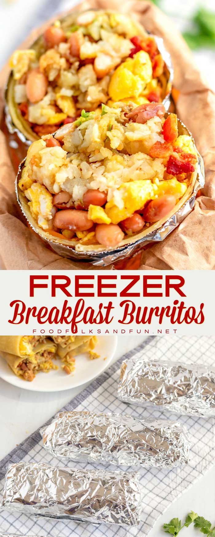 These freezer Breakfast Burritos are massive and stuffed with eggs, cheese, bacon, crispy potatoes, guacamole, and my secret ingredient that makes them incredible! #breakfast #bacon #breakfastburritos #burrito #comfortfood #FreezerMeal #FreezerBreakfast #foodfolksandfun via @foodfolksandfun