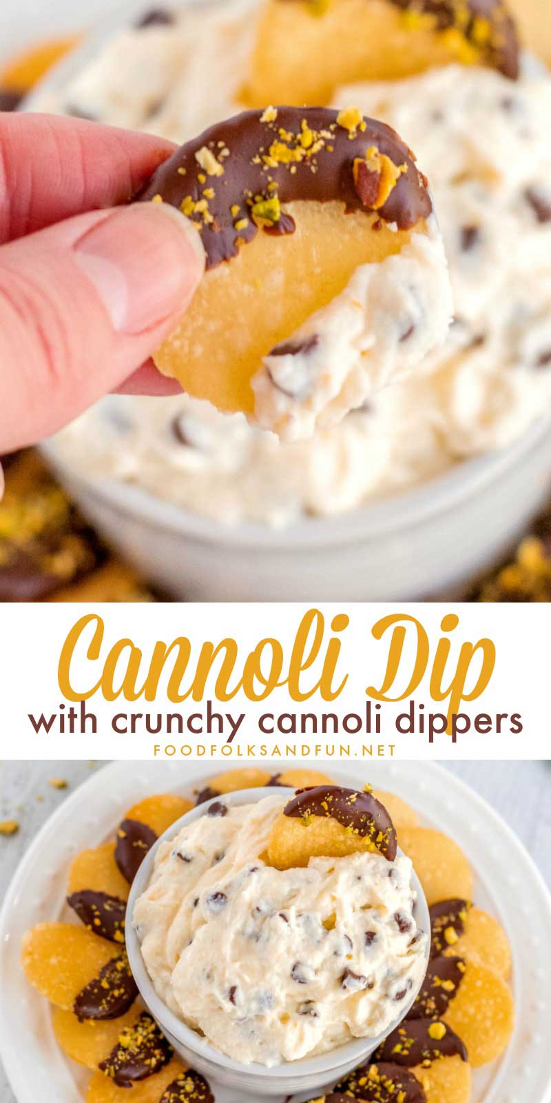 This easy Cannoli dip is made with whipped cream, ricotta cheese, cream cheese, powdered sugar, mini chocolate chips, vanilla, and orange zest. Its served with delectable chocolate and pistachio-covered dippers.  via @foodfolksandfun