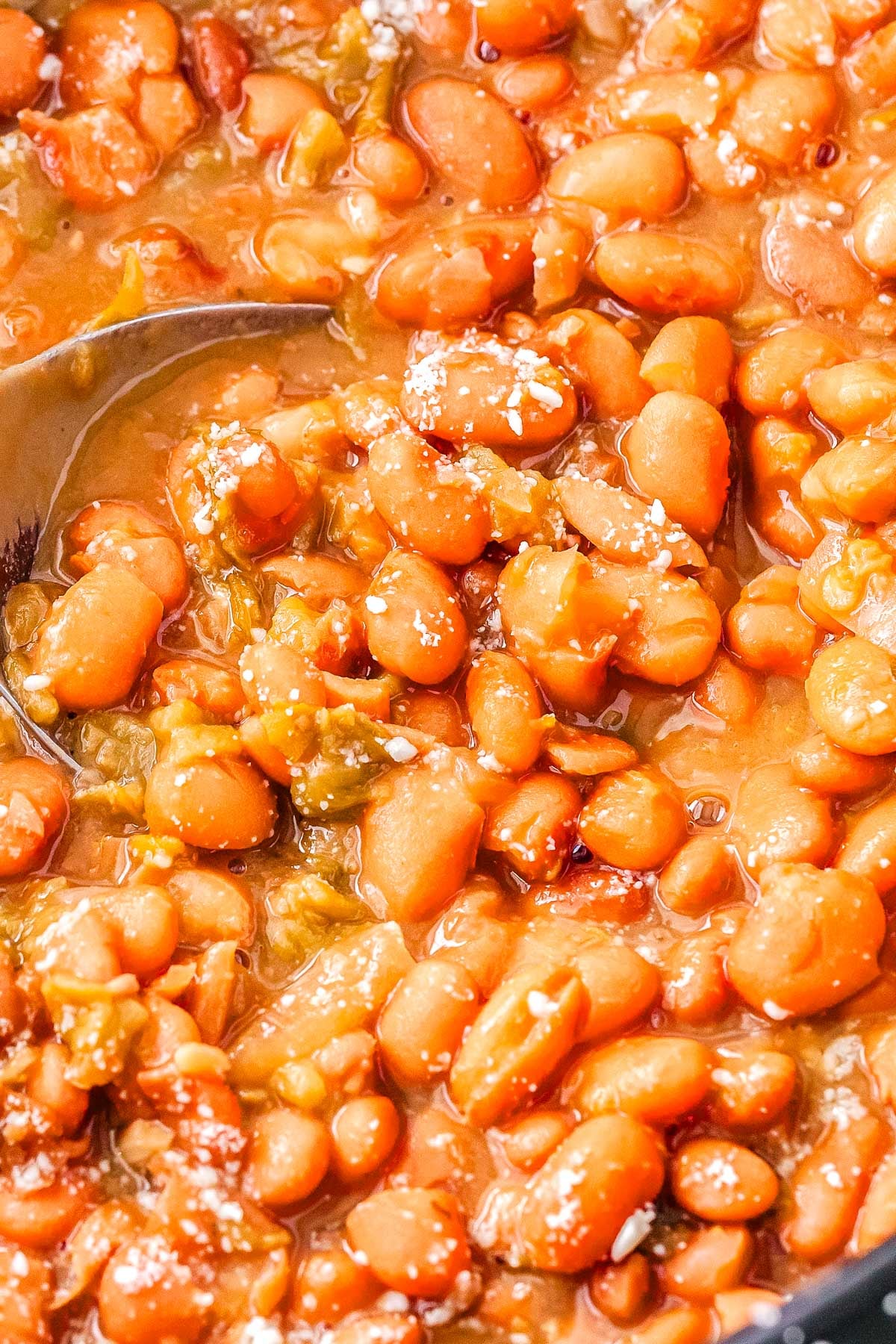 A spoon scooping up some of the finished crockpot pinto beans.