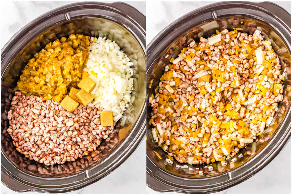 All of the ingredients in a crockpot and then mixed together before cooking.