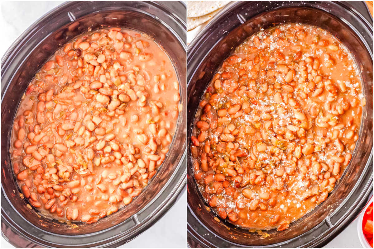 The beans after they're cooked and garnished with cojita chese.