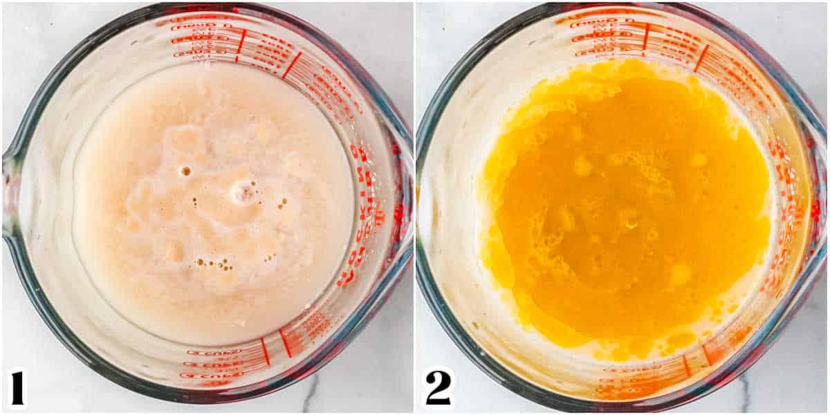 The bloomed yeast in a measuring cup and olive oil added to it.
