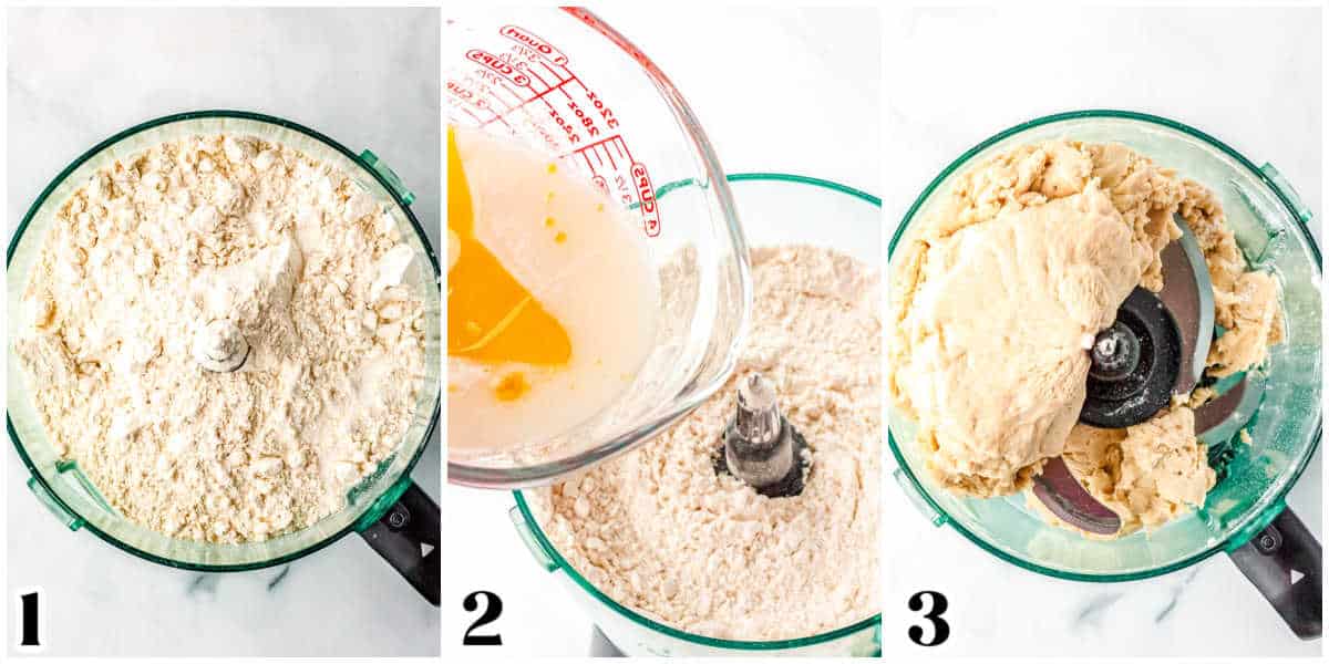 The pizza dough being mixed in a food processor.