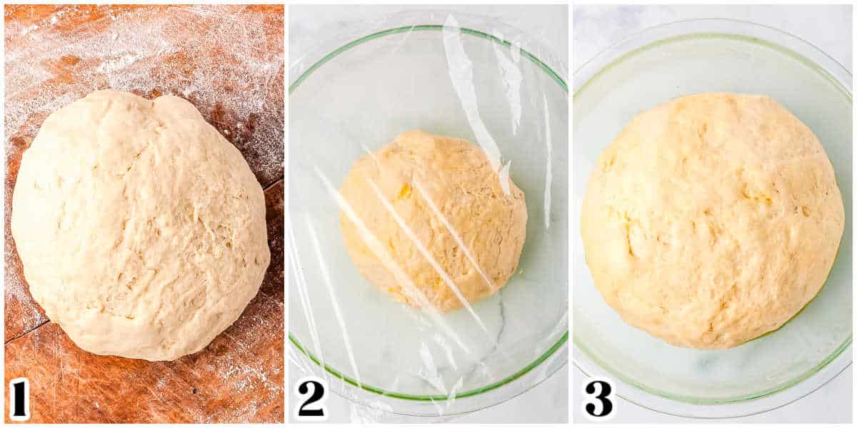 The dough kneaded and then shown i a bowl before and after it rises.