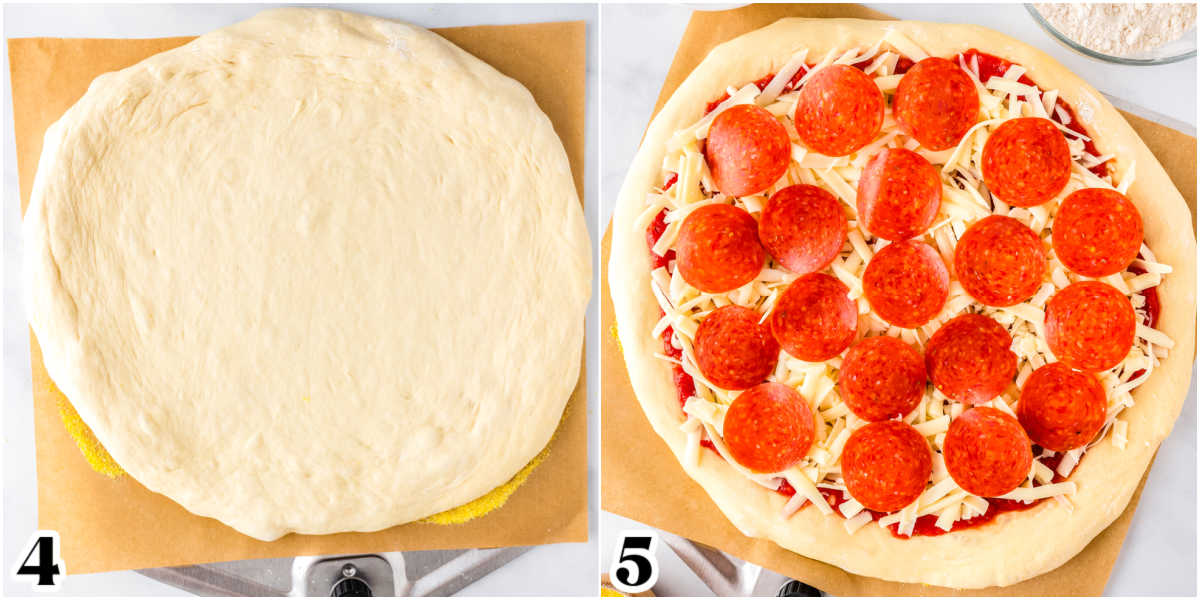 Pizza dough rolled out and then topped with sauce, cheese, and pepperoni before baking.